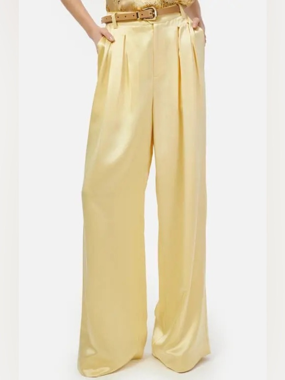 CAMI NYC Davina Sunlight Pale Yellow Wide Leg Satin Trousers Flowy & Silky Pants - Picture 4 of 16